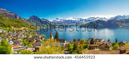 Panorama image of village Weggis, lake Lucerne (Vierwaldstatersee), Pilatus mountain and Swiss Alps in the background near famous Lucerne (Luzern) city, Switzerland Royalty-Free Stock Photo #456455923
