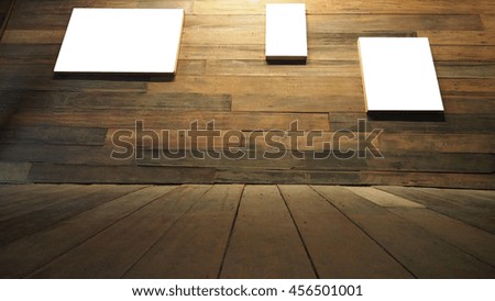 Picture canvas frame on wall and floor perspective antique Red Balau wood macro photo, Right corner is blur concept antique coffee shop background.
