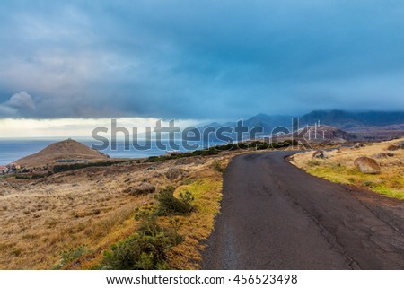 Beautiful landscape before sunset with dramatic sky at the north coast of Ponta de Sao Lourenco, the eastern most part of Madeira Island, Portugal