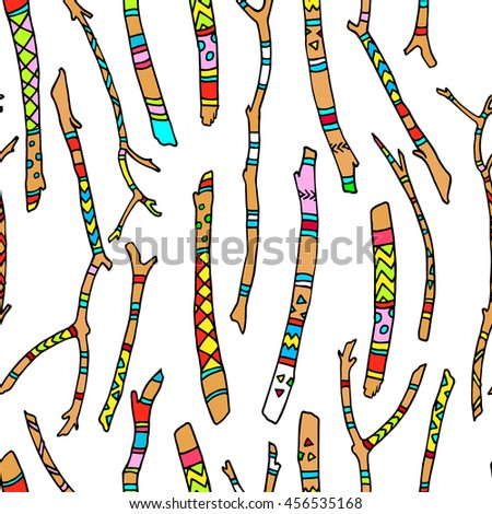 Vector seamless pattern with hand drawn ethnic colored sticks. Beautiful ethnic design elements.