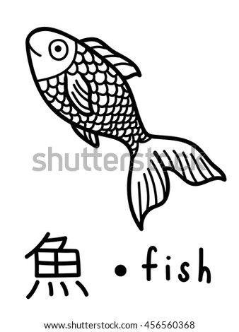 Fish kanji japanese to english language educational flashcard vector