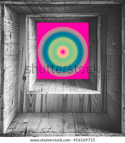 Colorful pattern with circles in candy colors in texture wood layer background. look old art memories. Copy space, Free space for text, From above, Square frame black and white.

