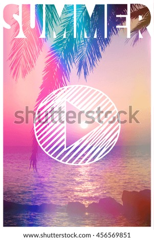 Sunset and a palm tree with the word summer and a play symbol