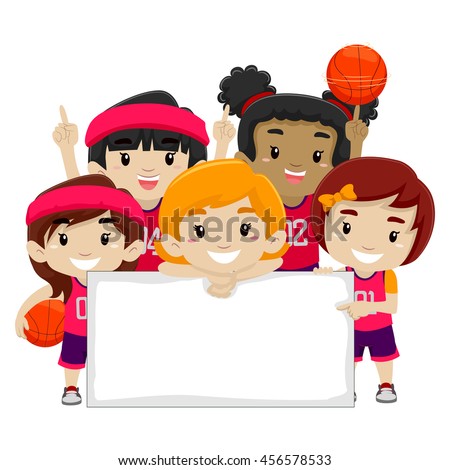 Vector Illustration of Female Basketball Players holding a Blank Board