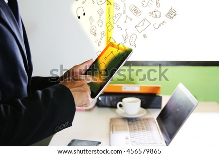  Service business concept. Businessman with computer.