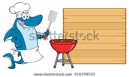Chef Blue Shark Cartoon Mascot Character Licking His Lips And Holding A Spatula By A Barbeque With Roasted Burgers To Wooden Blank Board. Raster Illustration Isolated On White Background
