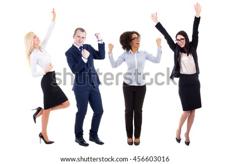 happy business people celebrating something isolated on white background