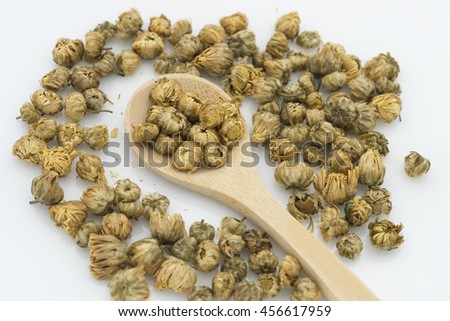 Chrysanthemum tea, a flower-based infusion beverage made from chrysanthemum flowers. It most popular in East Asia, mostly especially China and has many purported medicinal uses. On white background.