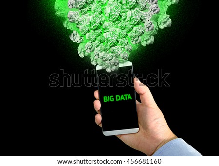 Big data concept , Group of  binary code crumpled paper ball and businessman shirt hand holding smartphone green code with black background