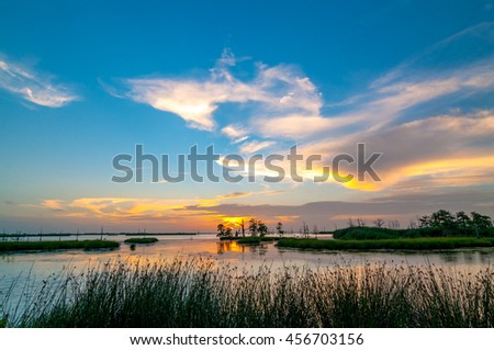 A colorful sunset of yellow, orange and blues in the Louisiana swamps along the Mississippi River with clouds in the blue sky and reeds in the foreground.  Royalty-Free Stock Photo #456703156