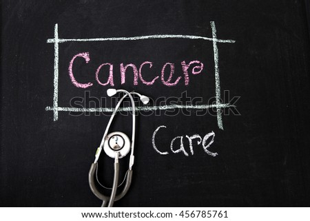 Symbol of Breast Cancer Awareness Ribbon design on blackboard. Photo is for health care and medical purpose. 