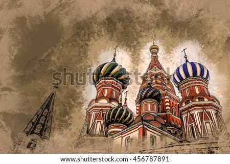 St. Basil Cathedral of the Protection of the Virgin on the Ditch Moscow. Modern painting, background illustration, beautiful picture, creative image.