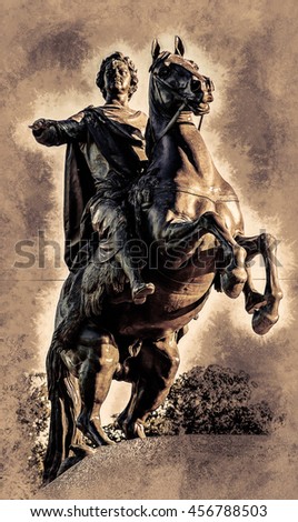 Bronze Horseman, equestrian statue of Peter the Great, Saint Petersburg, Russia. Vintage painting, background illustration, beautiful picture, travel texture