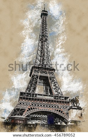 Eiffel tower at dusk, above clouds. viewd from seine. Vintage painting, background illustration, beautiful picture, travel texture