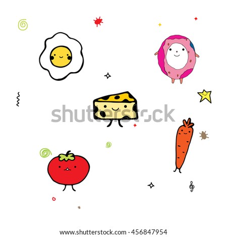 cartoon character of food on isolated background. Cute fried egg cheese and tomatoes for design or decoration