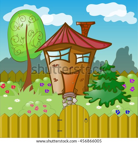 Cartoon house in summer day with a tree, a fir-tree and bushes in the garden behind a fence. Vector illustration.
