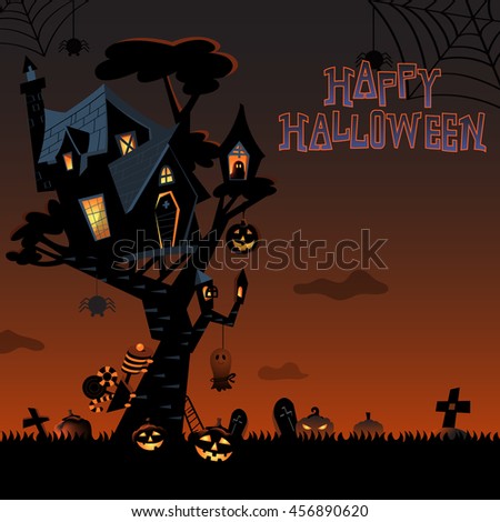 The illustration of Halloween night background with the haunted house on the tree and pumpkins in the bush. Train and ghost with candies for trick or treat. Spider spinning web.
