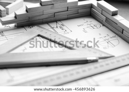 Engineering drawing equipment, paper, ruler and pencil