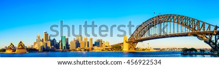 Sydney city skyline panorama with the famous Habour bridge on a clear sunny day. Royalty-Free Stock Photo #456922534