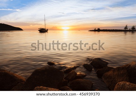 Yacht with sunset scene in koh phangan, Surat Thani, Thailand : selective focus on boat.