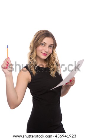 young beautiful girl black dress with a sheet of paper in the hands isolated on white background