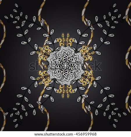 Vector texture with golden floral doodles flowers on blue background with shadows.