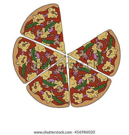 Pizza slices with mushrooms and herbs. Cartoon sketch drawn by ink. Hand drawn vector illustration.
