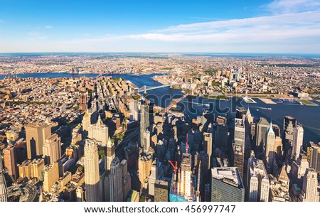 Aerial view of New York City with a view of the Brooklyn and Manhattan Bridges
