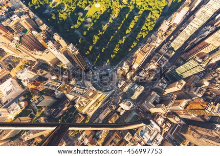 Helicopter view of Columbus Circle and Central Park in New York City at sunset