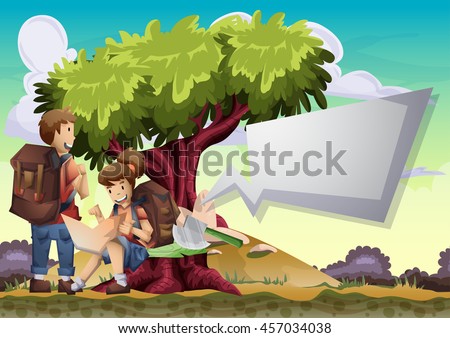 Cartoon vector landscape on the theme of adventures and outdoor recreation with separated layers