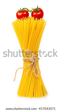 Raw spaghetti with cherry tomatoes and basil leaf isolated on white background