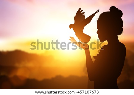 Abstract silhouette of bird flying out of lady hand on beautiful background.freedom concept and International Women's Day