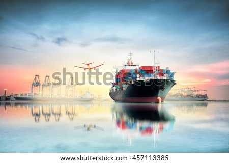 Logistics and transportation of Container Cargo ship and Cargo plane with working crane bridge in shipyard at Twilight sky, logistic import export background and transport industry. Royalty-Free Stock Photo #457113385