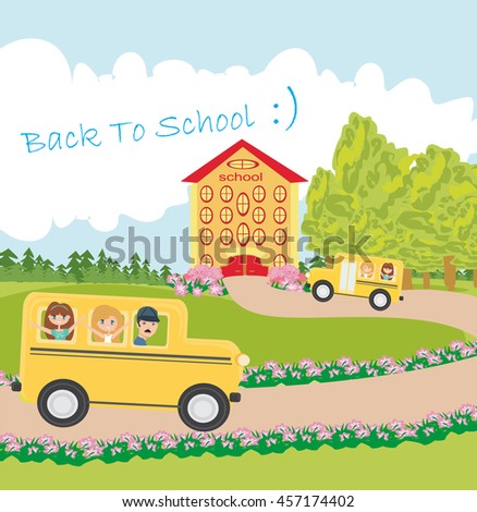 school bus heading to school with happy children 