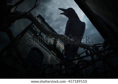 Crow sit on dead tree trunk and croak over fence, old grunge castle, moon and cloudy sky, Mysterious background, Halloween concept