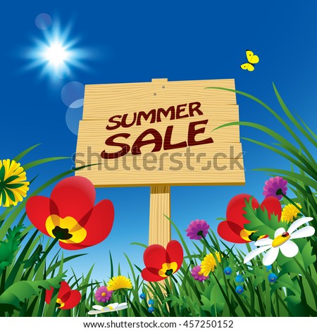 Wooden rustic signboard with green grass and wild flowers against the blue sky. Summer sale sign and symbol. Vector Illustration