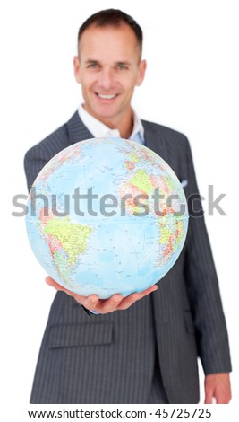 Cheerful businessman holding a terreatrial globe isolated on a white background