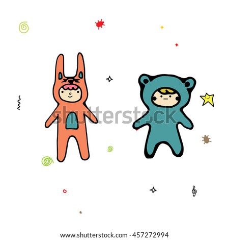 Two boys stand on isolated background in fancy dress. Cartoon children with smiley on their face in cute clothes. Kids in pajamas illustration