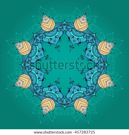 Round pattern mandala with lotus flowers. Can be used for backgrounds, business style, tattoo templates, cards design or else. Vector illustration.