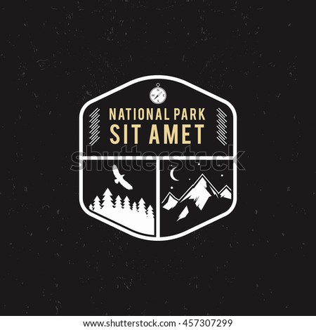 Stamp for national park, mountain camp. Tourism hipster style patch, badge. Expedition emblem. Winter or summer campsite graphic. Campground insignia. Adventure logo for web print t shirt, tee design