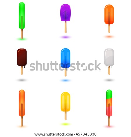 Vector set of colorful fruit and chocolate ice lolly. Ice cream collection