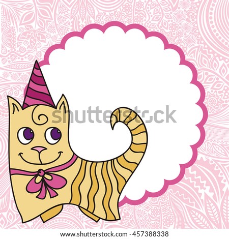 Happy birthday greeting card with cute cartoon cat. Vector illustration.