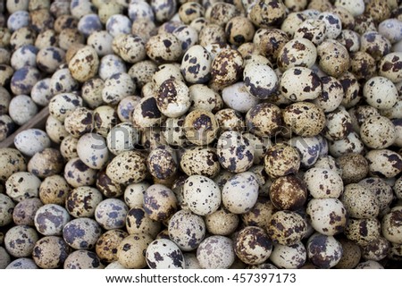 Quail eggs bunch background, Wallpaper of fresh eggs. Dotted camouflage natural eggs. Egg pile on market table. Healthy food ingredient. Cooking egg dish illustration. Wild quail egg close up photo