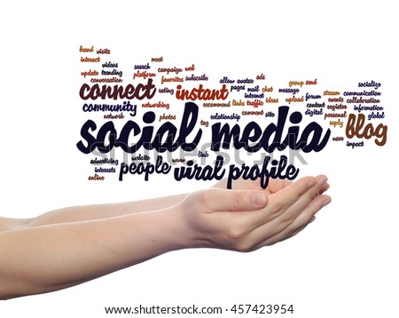 Concept or conceptual social media marketing or communication abstract word cloud in hand isolated on background, metaphor to networking, community, technology, advertising, global, worldwide tagcloud