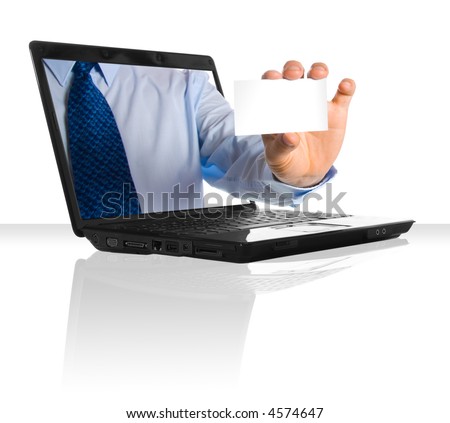 A hand giving a business card through a laptop Royalty-Free Stock Photo #4574647