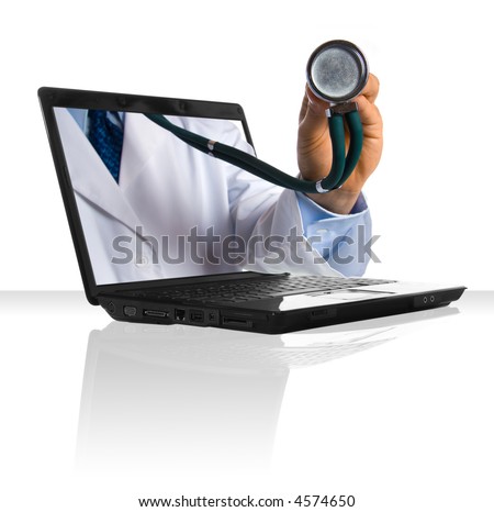 A doctor's hand sticking out of a laptop Royalty-Free Stock Photo #4574650