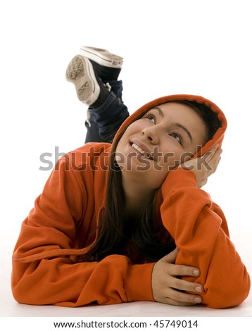 lying on the floor smiling girl in orange sweatshirt with hood, leaning on palm head