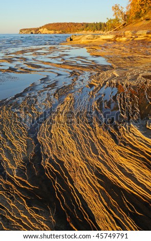 Eroded sandstone shoreline, Lake Superior, Pictured Rocks National Lakeshore, autumn, Michigan's Upper Peninsula, USA