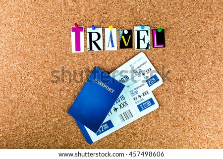 Top view creative studio photo of table with paper word TRAVEL