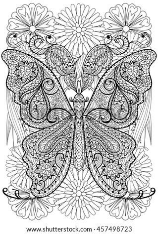 Zentangle stylized summer butterfly on flowers. Hand drawn ethnic insect for adult coloring pages, art therapy, boho t-shirt patterned print, posters and logo. Vector isolated illustration. A4 size.